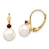 Image 1 : 14k Yellow Gold White Pearl Garnet Leverback Earrings - 7-7.5 mm