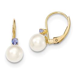 14k 6-6.5 mm Cultured Pearl & .10ct. Tanzanite Leverback Earrings