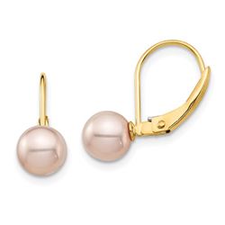 14k Yellow Gold Pink Round Pearl Leverback Earrings - 6-7 mm