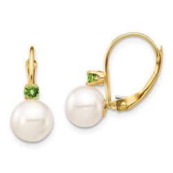 14k Yellow Gold White Pearl Peridot Leverback Earrings - 7-7.5 mm