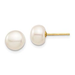 14k Yellow Gold White Button Pearl Stud Post Earrings - 7-8 mm