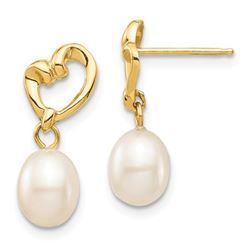 14k Yellow Gold White Rice C Pearl Heart Dangle Earrings - 5-6 mm