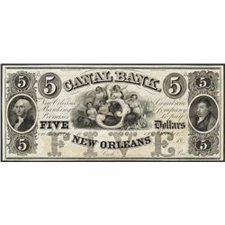 1800's $5 Canal Bank New Orleans, Louisiana Obsolete Note