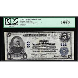 1902PB $5 Washington, PA CH# 586 National Currency Note PCGS Extremely Fine 35PPQ