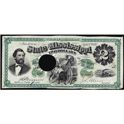 1870 $2 Jackson, State of Mississippi Obsolete Note