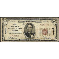 1929 $5 Pacific NB of San Francisco, California CH# 12579 National Currency Note