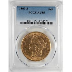 1860-S $20 Liberty Head Double Eagle Gold Coin PCGS AU55