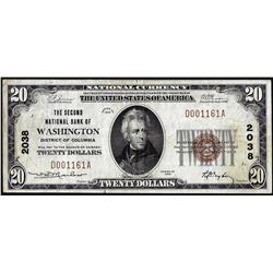 1929 $20 Second NB of Washington, District of Columbia CH# 2038 National Currency Note