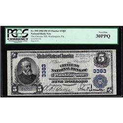 1902PB $5 Citizens NB of Washington, PA CH# 3383 National Currency Note PCGS VF30PPQ