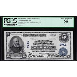 1902PB $5 Crocker First NB San Francisco, CA CH# 1741 National Note PCGS Ch. About New 58