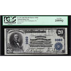 1902PB $20 Citizens NB of Washington, PA CH# 3383 National Currency Note PCGS VF25PPQ