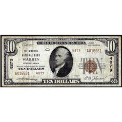 1929 Type 2 $10 National Bank Warren, Pennsylvania CH# 4879 National Currency Note
