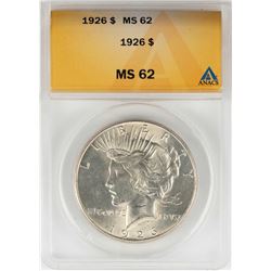 1926 $1 Peace Silver Dollar Coin ANACS MS62
