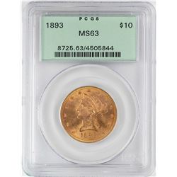 1893 $10 Liberty Head Eagle Gold Coin PCGS MS63 OGH