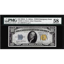 1934A $10 North Africa WWII Emergency Silver Certificate Note PMG Ch. About Unc 58