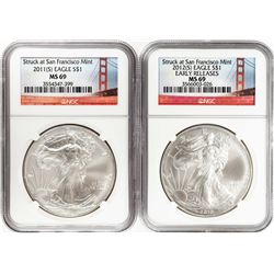 Lot of 2011-S & 2012-S $1 American Silver Eagle Coins NGC MS69 Early Releases