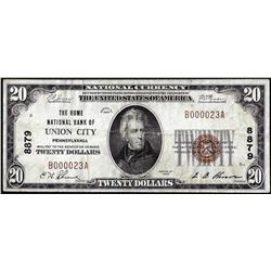 1929 $20 NB of Union City, Pennsylvania CH# 8879 National Currency Note Low Serial