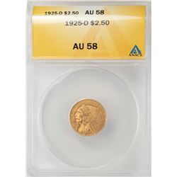 1925-D $2 1/2 Indian Head Quarter Eagle Gold Coin ANACS AU58