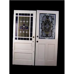 Pair of Painted Doors w/ Stained & Leaded  Glass