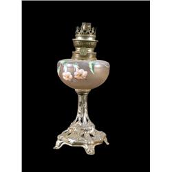 Small gas parlor lamp with hand painted glass fount