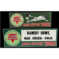 2 Keen Kutter items: tin sign and tin over cardboard