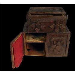 Tramp-Art Jewelry Box  w/ 2 doors & 1 drawer