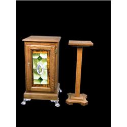 Lot of 2 stands;    Oak slot stand and an Oak pedestal