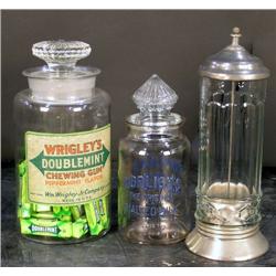Lot of 3 glass items: Early straw dispenser and 2 jars