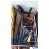 Image 1 : BOX OF HAMMERS, WRENCHES, SAWS, AIR PUMP