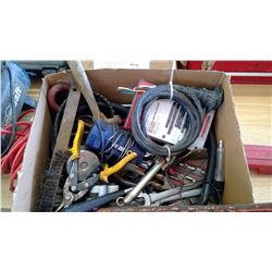 BOX WITH LARGE PIPE WRENCH CLEVIS, HAMMERS, SMALL COMPRESSOR, JIG SAW BLADES, TRAILER HOOK UP