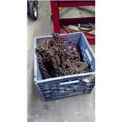 CHAIN HOIST & BOX OF ASSORTED CHAINS