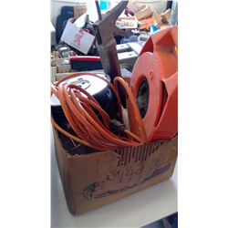 LOT OF ELECTRIC CORD, TROUBLE LIGHT, ROLL OF WIRE COVER
