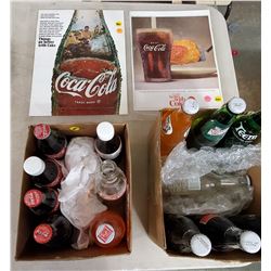 LOT OF 12 FULL POP BOTTLES & TWO COCA COLA ADVERTISING