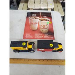 TWO COCA COLA COIN BANKS & ONE ADVERTISING PIECE