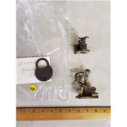 VINTAGE EAGLE PADLOCK (NO KEY), BRASS FIGURINE, PENCIL SHARPERNER (BROKEN)