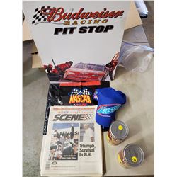 TWO UNOPENED NASCAR BAKED BEANS, NEWSPAPERS, HAT, ETC