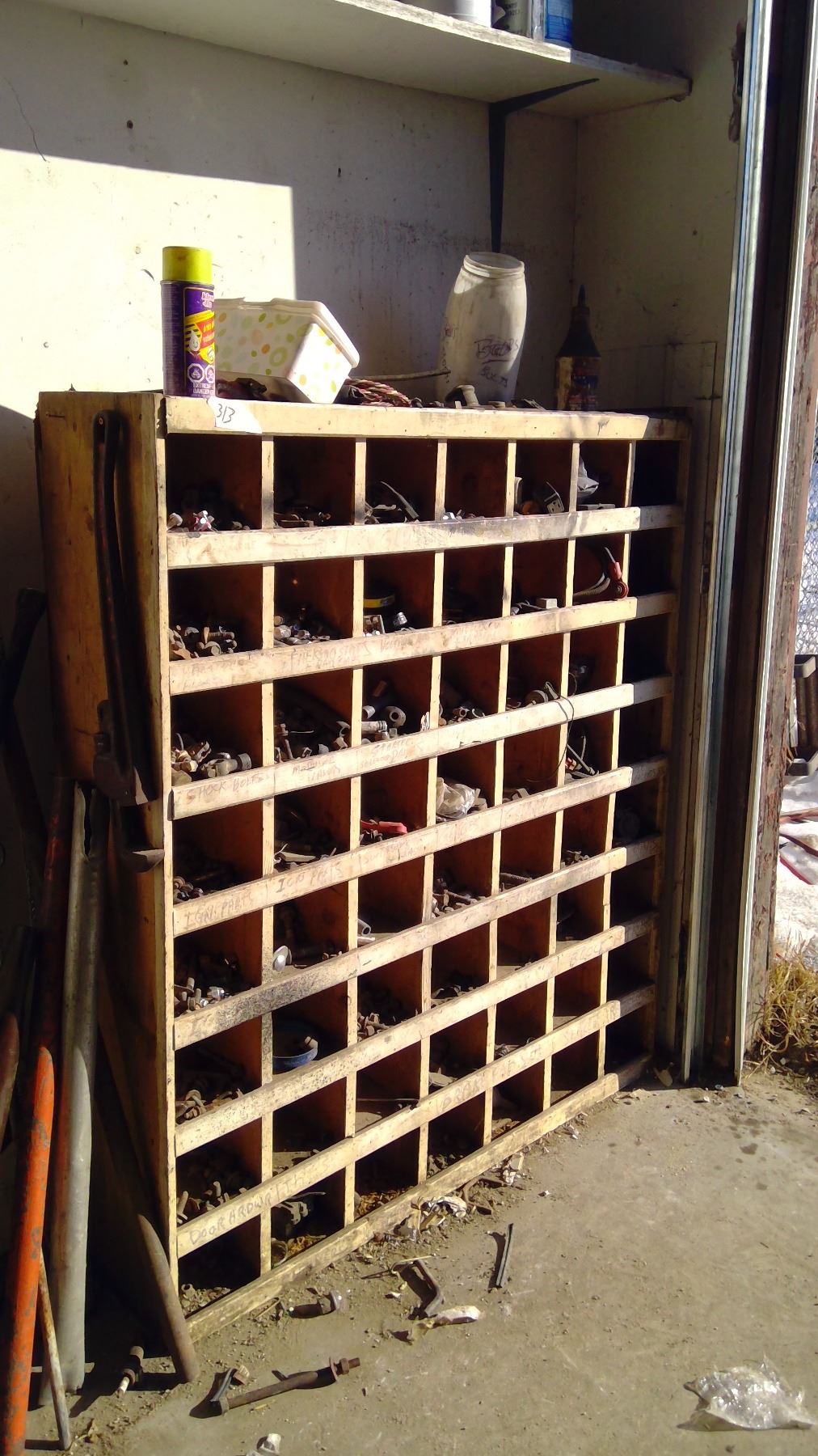 WOODEN BOLT BIN WITH NUTS & BOLTS