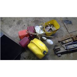 4 Gas Cans, Lamp & Pail of Fuses