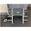 Image 1 : WHITE COMMERCIAL RACK WITH BARS & ASSORTED FREE WEIGHT PLATES
