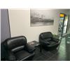 Image 1 : 2 BLACK LEATHER ARM CHAIRS, END TABLE, FAUX PLANT & CANVAS ARTWORK