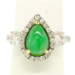 14k Two Tone Gold Pear Jade & Large Diamond Accents w/ Halo 2.89 ctw Ring