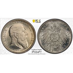 BADEN: Friedrich I, as Grand Duke, 1856-1907, AR 2 mark, 1907. PCGS MS65