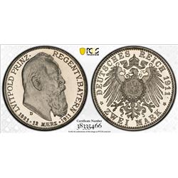 BAVARIA: Luitpold, Prince Regent, 1886-1912, AR 2 mark, 1911-D. PCGS PF65
