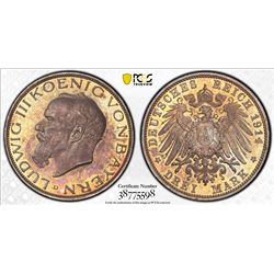 BAVARIA: Ludwig III, 1913-1918, AR 3 mark, 1914-D. PCGS PF65
