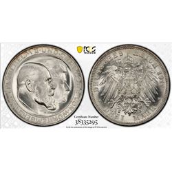 WURTTEMBERG: Wilhelm II, 1891-1918, AR 3 mark, 1911-F. PCGS MS64