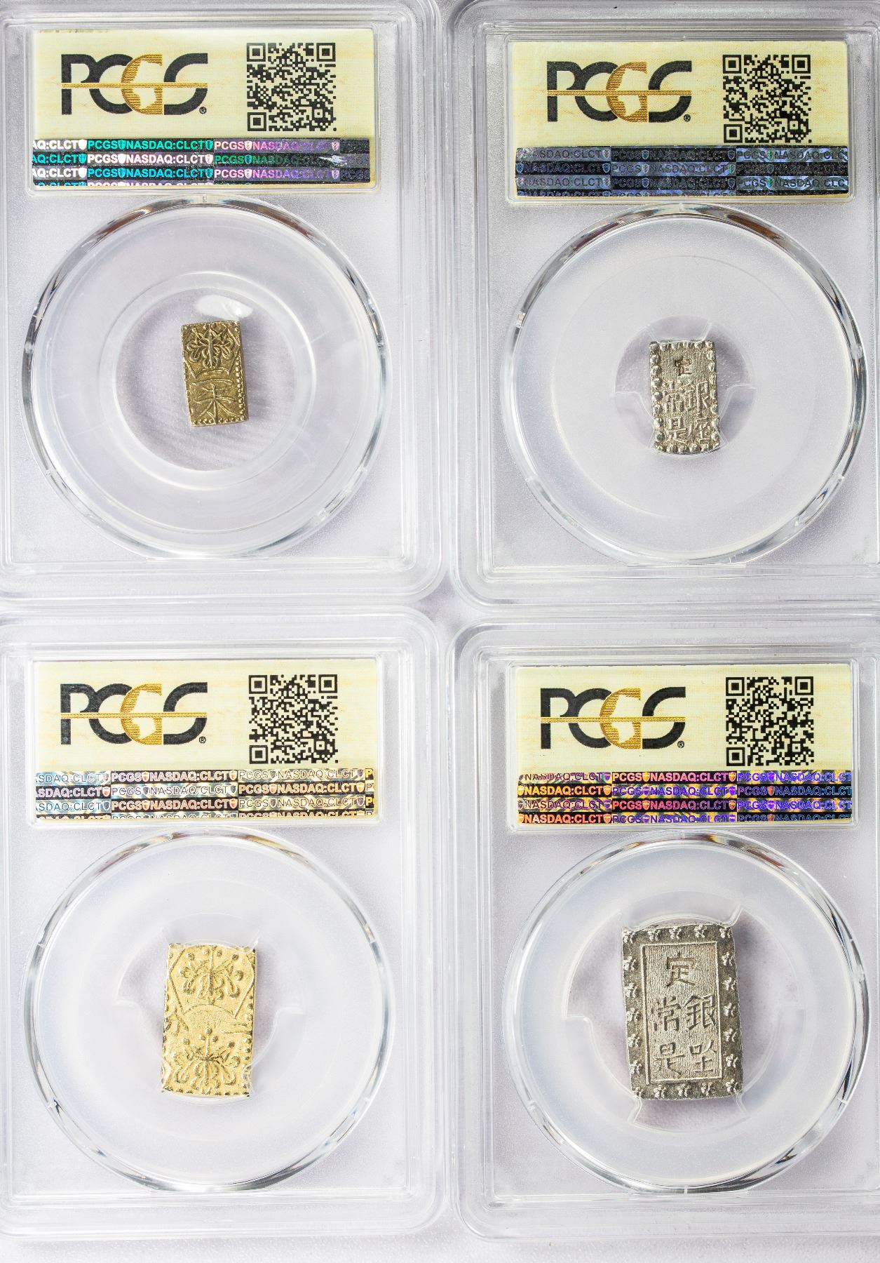 JAPAN: LOT of 4 rectangular coins in specially labelled PCGS Genuine ...
