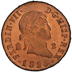 SPAIN: Fernando VII, 1808-1833, AE 2 maravedis, Segovia, 1829
