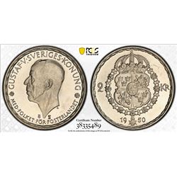SWEDEN: Gustav V, 1907-1950, AR 2 kronor, 1950. PCGS PF66