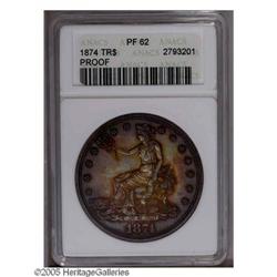 1874 T$1 PR62 ANACS. Vivid rose, gold, and powder-blue 1874[T$1] PR62 ANACS.