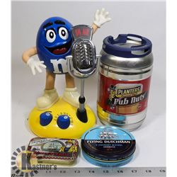 FLAT OF M&M RADIO AND VARIOUS TINS.